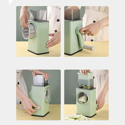 Multifunctional Rotary Vegetable Cutter | Cheese Grater With Handle Durable Mandolin Slicer With Suction Base | 3 In 1 Interchangeable Blades